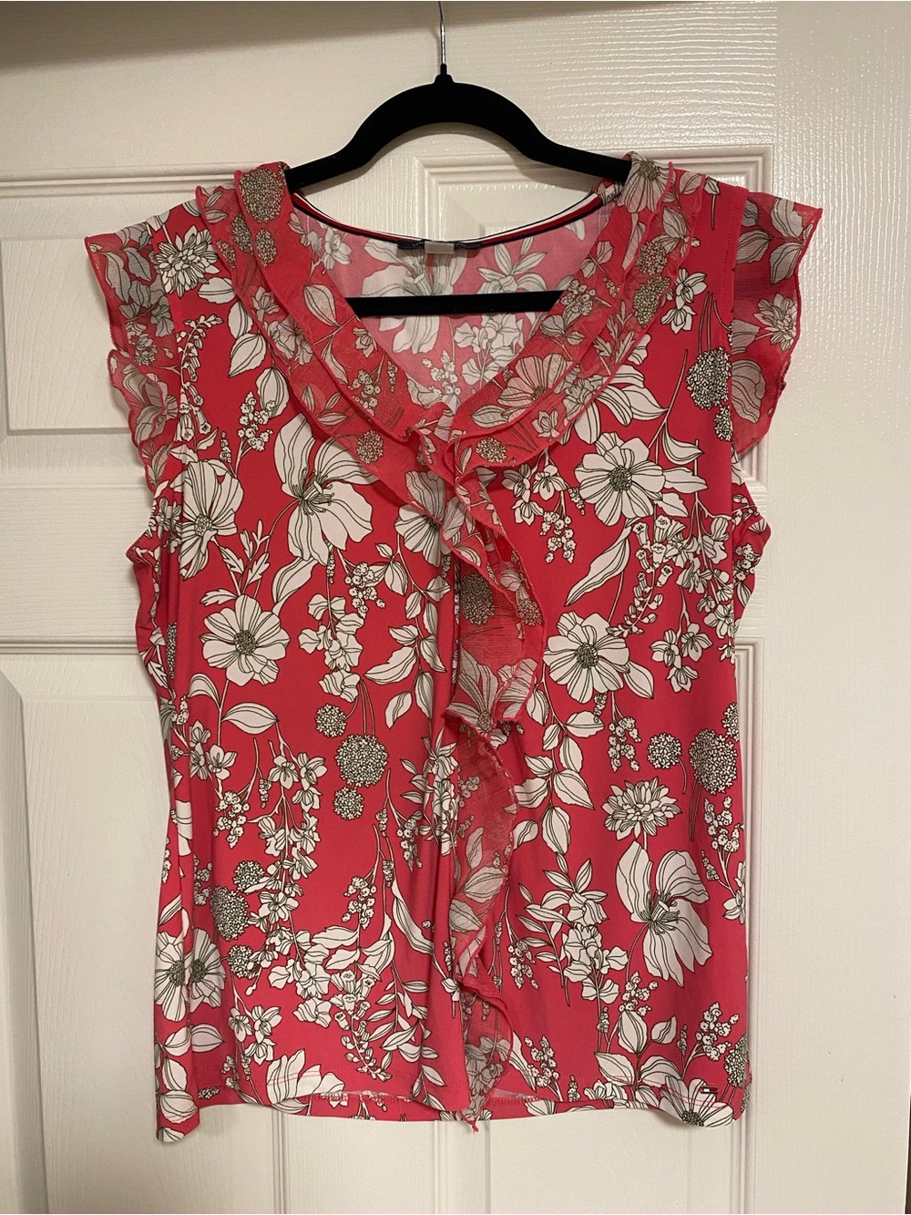 Tommy Hilfiger Coral Pink Floral Ruffle Sleeveless Blouse